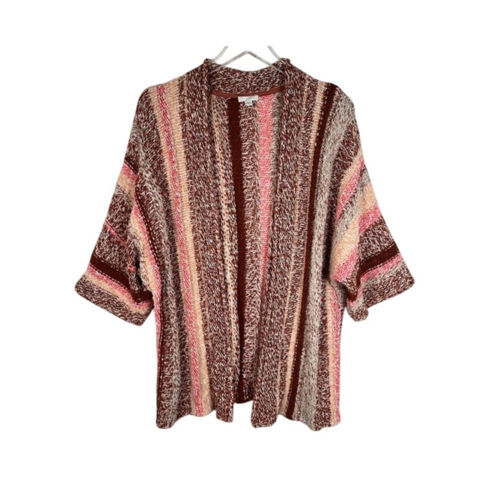 J Jill Women's Open Knit Cardigan Sweater M Pink Brown Striped 3/4 Sleeve Fall